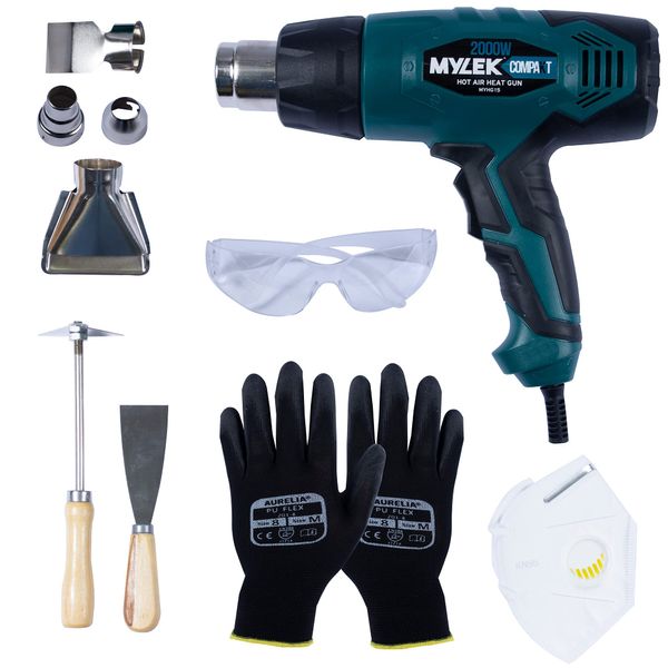 MYLEK Hot Air Heat Gun 2000W - Professional DIY Crafting, Paint Stripper, Shrinking PVC, Wrapping, Embossing, Thawing, Bending Plastic, 2 Temperatures Max 650°C, Accessory Kit & Safety Equipment