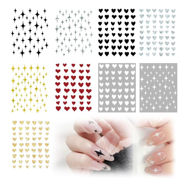 nalaina Nail Stickers, 9 Pieces, Stars, Hearts, Nail Parts, Glitter, Star Stickers, Manicure Stickers, Star Pattern, Nail Stickers, Just Stick On, Decoration, DIY Nail Decals