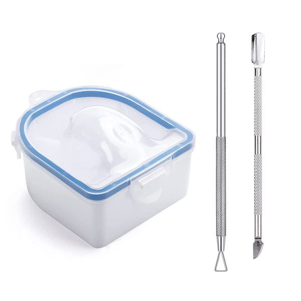 Nail Soaking Bowl, Soak Off Gel Polish Dip Powder Remover Manicure Bowl with Triangle Cuticle Peeler and Stainless Steel Cuticle Pusher Nail Art Tool (Blue-1Piece)