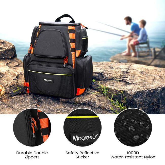 Fishing Tackle Backpack with 4 Trays Tackle Boxes, Storage Bag 25L Water  Resistant with 2 Rod Holders and Protective Rain Cover (Black and Orange)