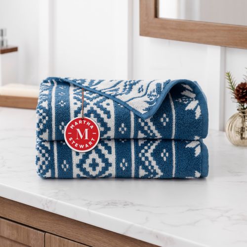 MARTHA STEWART Premium 2pc Hand Towels Set (16in x 28in) 525 GSM 100% Cotton, Ultra Soft Highly Absorbant Luxurious Jacquard & Reversable Face/Hand Towel Set for Bathroom - Fair Isle