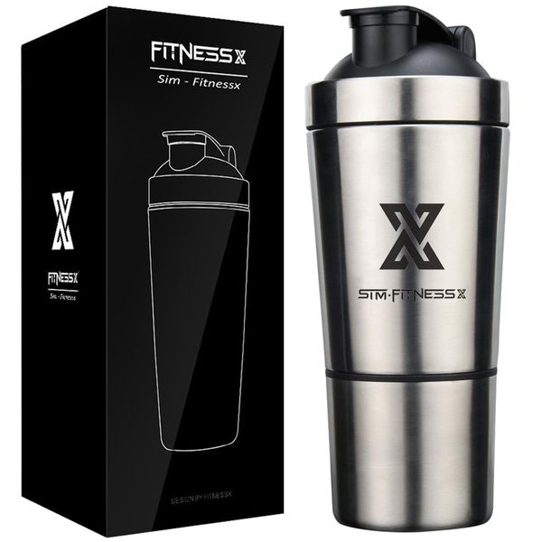 X SIM FITNESSX 600+200ml Sport Fitness Edelstahl Protein Shaker Eiweiß | eiweiss Proteinshake Bottle