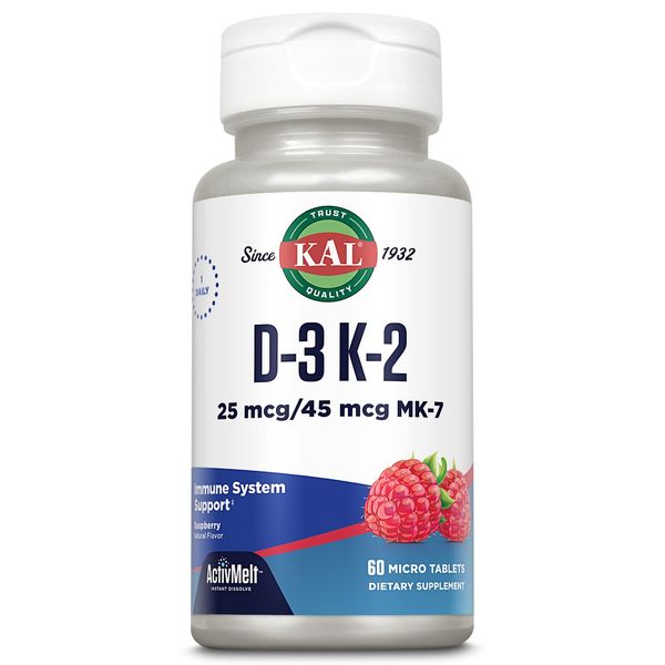 Kal 1000 Iu D-3 & K2 Tablets, Raspberry, 60 Count (Pack of 1)