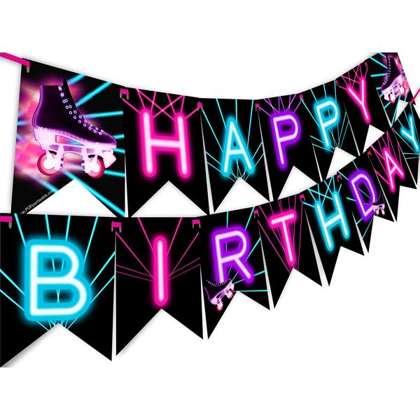 Roller Skating Glow Rainbow Happy Birthday Banner Pennant - Roller Skating Party Supplies - Roller Skating Party Decorations - Glow