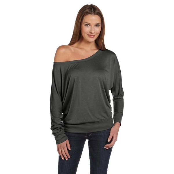 Bella + Canvas Ladies' Flowy Long-Sleeve Off Shoulder T-Shirt S BLACK MARBLE