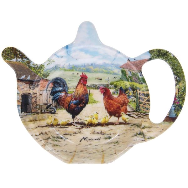 Teapot Shaped Cockerel & Hen Plastic Teabag Tidy Dish Holder