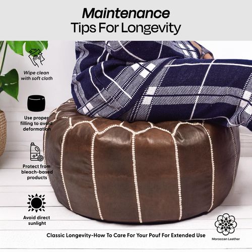 Handmade Moroccan Genuine Leather Pouf Ottoman Cover – Unstuffed Foot Stool Ottoman, Boho Foot Rest Under Desk, Round Ottoman for Living Room, Bedroom - Housewarming Gifts New Home, Weddings Gifts