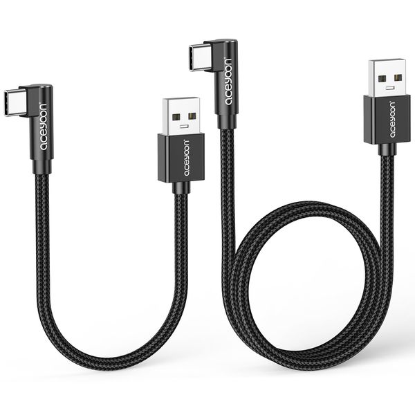 aceyoon USB C Charger Cable 90 Degree (20cm+50cm),Mini Right Angle Type C Charging & Data Sync Cable, Braided Nylon, Compatible With Huawei, Galaxy