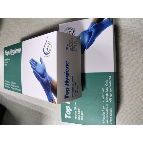 TOP HYGIENE DISPOSABLE POWDER FREE LATEX FREE BLUE MEDIUM NITRILE GLOVES. A100/BOX. AMBIDEXTROUS SMOOTH SURFACE