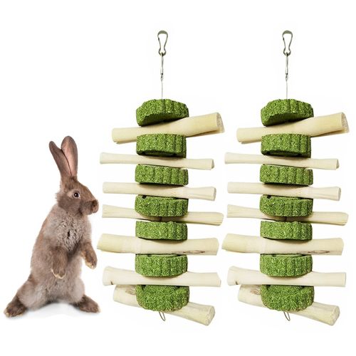 kathson Bunny Chew Toys for Teeth, Pet Snacks Molar Sweet Bamboo with Grass Cake for Hamster Chinchilla Guinea Pig Rabbit Rats(2 Packed)