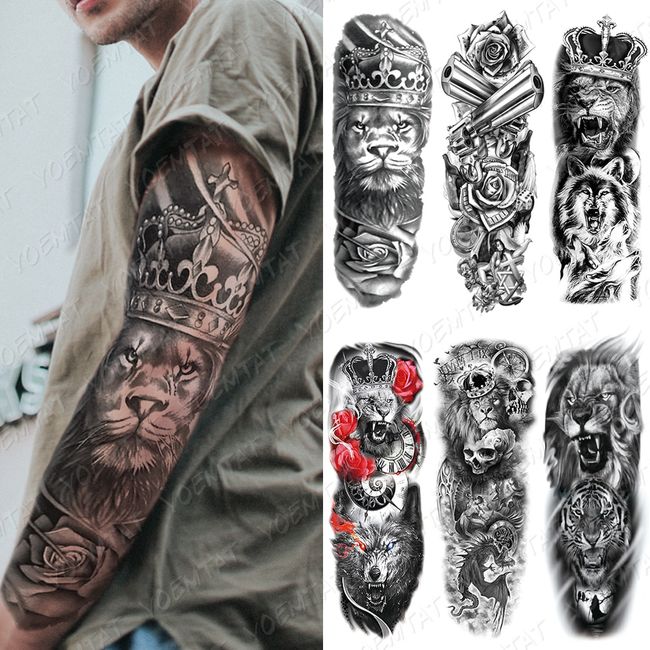 Large Arm Sleeve Tattoo Lion Wolf Waterproof Temporary Sticker Totem Women  Men
