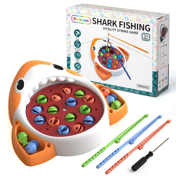 Doloowee Fishing Game Play Set,Magnetic Fishing Game Toys,Rotating Board Game with Music,Includes 20 Fish and 3 Fishing Poles,Party Game Toys for Kids Age 3 4 5 6 7 and Up (Orange)