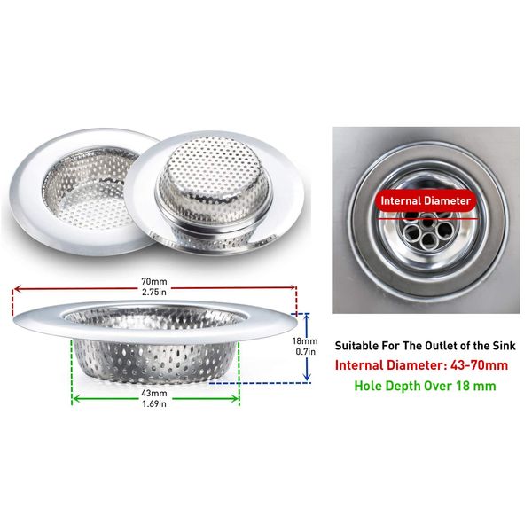 2pcs Kitchen Bathroom Sink Strainer, Stainless Steel Drain Filter, Prevent Clogging, 2.75 Inch/7cm Outer Diameter