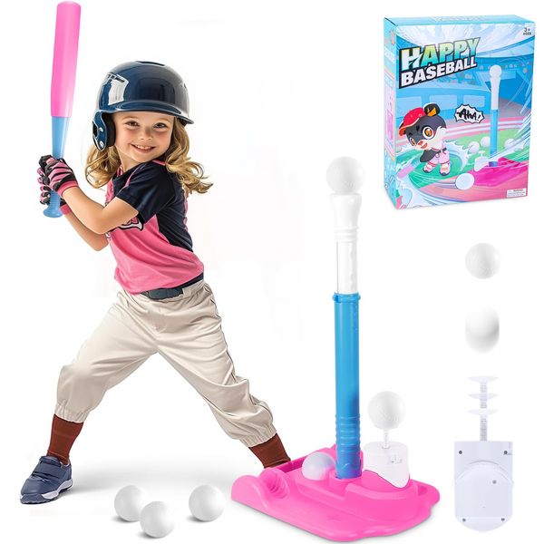 Pupidiu Tee Ball Set for Kids 3-5, T Ball Set with Automatic Pitching Machine Tball Set Toy, Baseball Tee Baseball Bat Toy for Girls 3-5