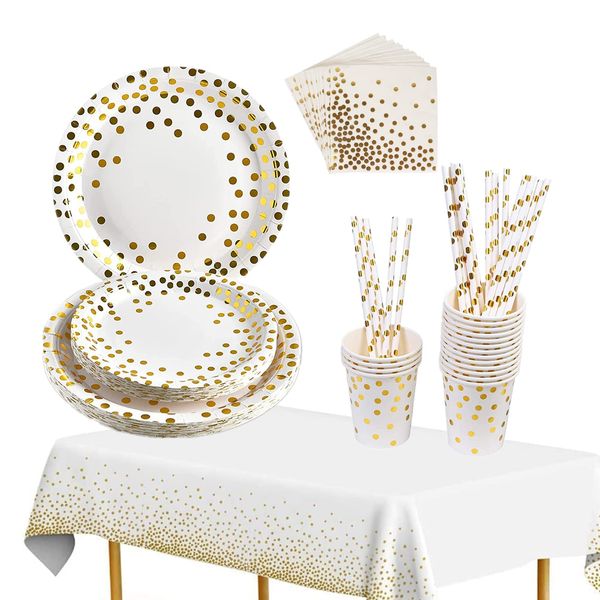 TOPWAYS White Gold Birthday Decorations Party Tableware Set, Disposable Paper Party Plates Cups Napkins Tablecloth for Kids Women Men Birthday Decorations, Weddings, Picnics, Anniversary (16 Guests)