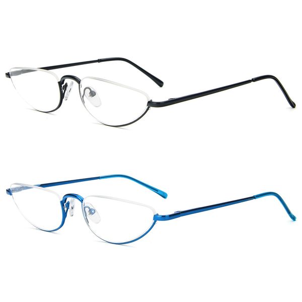 KoKoBin 2 Pack Reading Glasses Unisex Half Moon Half Frame Metal Spring Hinge Slim Reader (Black Blue, 3.5, Dioptres)