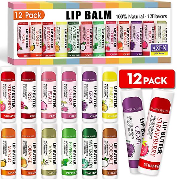 AZEN 12 Pack Lip Balm, Natural Lip Balm Bulk, Lip Care Product, Moisturizing Lip