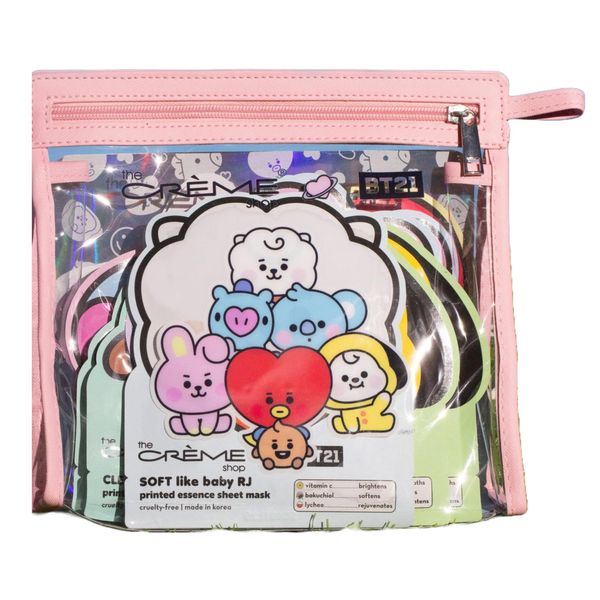 The Crème Shop BT21 Baby Printed Essence Sheet Mask Complete Set: 16 Unique Masks with Reusable Travel Pouch