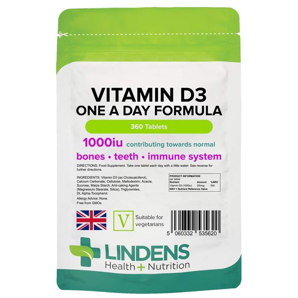 Lindens Vitamin D3 1000IU - 360 Tablets - Immune System, Bones, Teeth, UK Manufacturer Immune Support | (4 Months Supply) | Suitable for Vegetarians | Letterbox Friendly