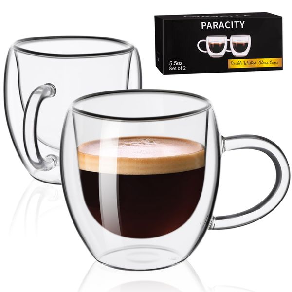 PARACITY Espresso Cups Set of 2 180ml 6OZ, Double Walled Insulated Glass Coffee Mugs, Latte Glasses with Handle, Clear Glass Coffee Cups Travel Camping for Cappuccino/Latte/Tea/Shots