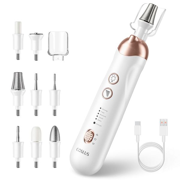 Professional Manicure Pedicure Kit Cordless: COSLUS 8 in 1 Electric Nail File Set, 5 Speed Nail Drill Grinder for Thick Nail Toenail Cuticle, LED Hand Foot Care Trimmer Buffer for Women Men Baby Pets