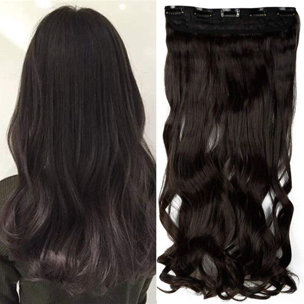 24 Inch One Piece Hair Extensions Clip In Curly Hairpieces Wavy 5 Clips - Dark Brown(60cm-120g)