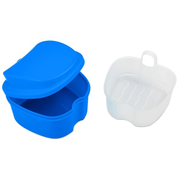 1 Pcs Denture Box, Portable Retainer Case with Drain Basket, Dark Blue