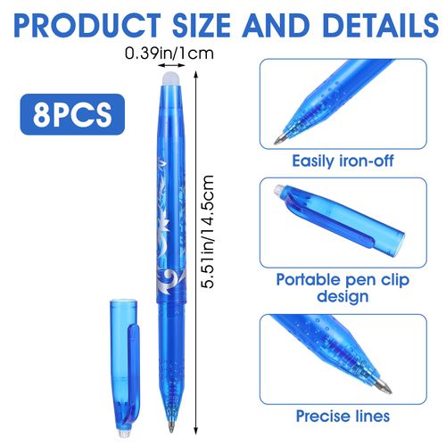 8pcs Heat Erasable Pens for Fabric, Fabric Marking Pens Fabrics Markers No Ghost Lines, Disappearing Ink for Precise Marking for Quilting Sewing Embroidery DIY Dressmaking Fabrics Tailors Chalk