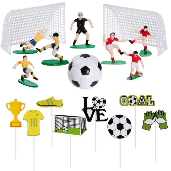 Pistha 18 Pieces Soccer Cake Topper Decorations Soccer Ball Cupcake Topper Soccer Player figure for Soccer Birthday Party Sport Party Football Theme Party Supplies for Men Boy