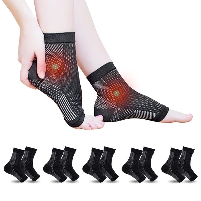 5 Pairs Neuropathy Socks- Plantar Fasciitis Socks for Women Men, Compression Ankle Socks, Ankle Support Socks, Functional Aid Neuro Socks, Breathable Ankle Support Brace for Sprained Ankle(L/XL,Black)