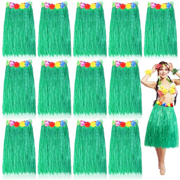 Unittype 12 Pcs 24 Inch Hawaiian Luau Hula Grass Skirts Hawaiian Luau Dance Dress for Women Festival Party(Green)