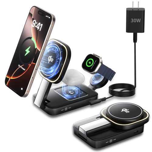 Magnetic Wireless Charger Apple Charging Station,Qi2 Certified 3 in 1 Wireless Charging Station Night-Lamp,Mag-Safe Charger Compatible with Apple 16/15/14/13/12&Air-Pods&iWatch(Black)