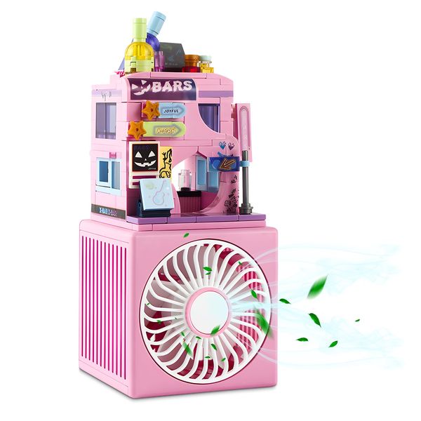 QearFun Small Desk Fan,USB Rechargeable Battery,Cute Building Blocks City Street Fan for Kids with 3 Speeds Strong Wind,DIY Creative Model Set for Desktop/Home/Offic-Pink Bars