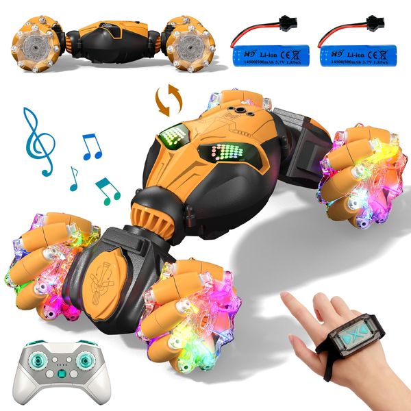 Axirata Gesture Sensing RC Stunt Car with Lights & Music for Kids 6-12 Year Old 4WD 2.4GHz Hand Controlled Remote Control Car 360° Rotation Off-Road Toy Car Gift for Boys Girls