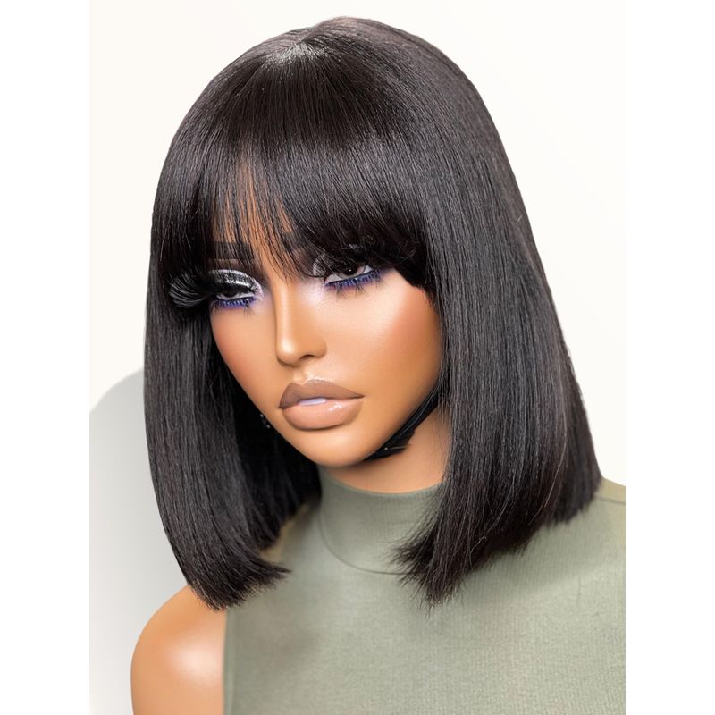 LUVME HAIR 10 Inch Light Yaki Straight Bob Wig with Bangs Human Hair ...