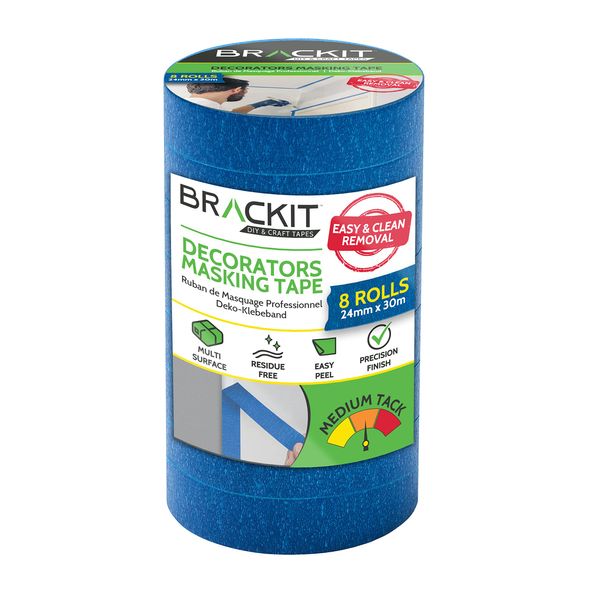 brackit Blue Decorators Masking Tape 24mm x 30m; 8 Bulk Roll Pack – Easy Removal Sharp Finish For Painting Decorating or Arts…