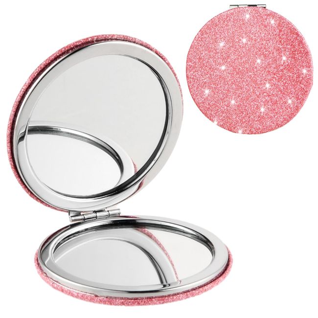 Dimeho Travel Makeup Mirror Magnifying Compact Cosmetic Mirror Portable Mini Pocket Mirror Round Double-Sided 2X/1X Folding Handheld Mirror for Purses Travel(Pink)