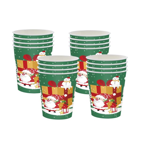 Christmas Party Paper Cups,16Pcs Green Winter Snowflakes Santa,Snowman,Elk,Gingerbread Man Disposable Paper Cups Christmas Tableware Decor for Winter Holiday Birthday Xmas Party Supplies Decorations