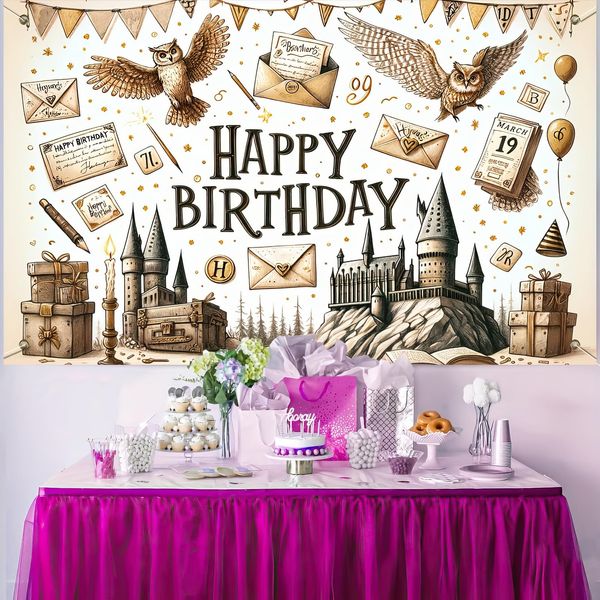 ​ Blissyard 6 x 3.6 ft Wizard Happy Birthday Party Backdrop Magical Wizard Banner Magic Castle Owl Birthday Photography Backdrop Holiday Celebration Kids Adults Indoor Outdoor Celebration Baptism ​