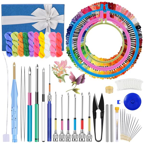 JUPEAN Embroidery Punch Needle, 156 Pcs Punch Needle Tool with Needle Punch, 110 Pcs Embroidery Thread, Embroidery Hoops, Embroidery Needles, Punch Needle Kit for Beginners