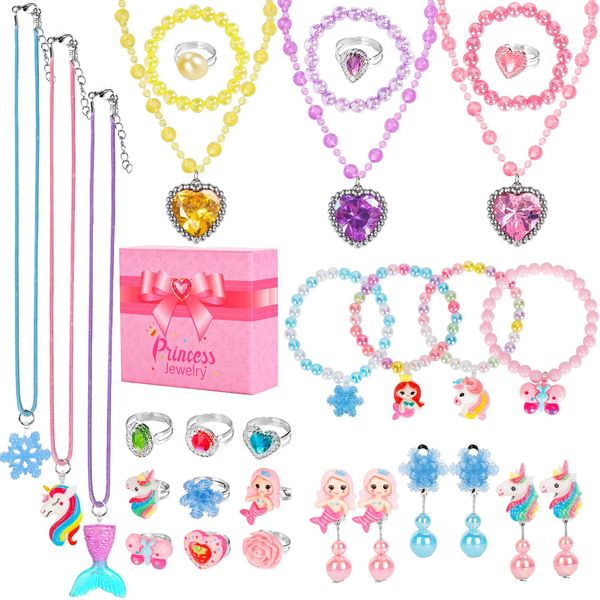 Kids Play Jewelry Sets, Princess Toys for Girls 4-6, 29 Pcs Little Girl Costume Jewelry, Unicorn Necklaces, Bracelets, Rings, Earrings, Toddler Dress Up Jewel Birthday Gifts Pretend Play Party Favor