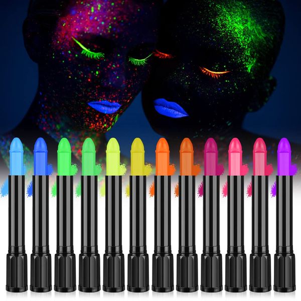 AOOWU Glow UV Neon Glow Face Paint Crayons Kit, 12 Colors Safe Non-Toxic UV Glow Neon Face and Body Crayons for Adults Kids Halloween Makeup Party Cosplay - Fluorescent Brightest Glow under UV!