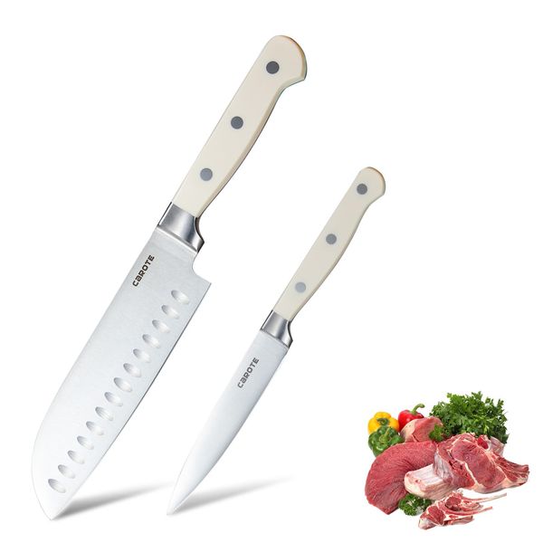 Carote Santoku Knife, 6.5 inches (165 mm), Petty Knife, 5.3 inches (135 mm), Set of 2, Stainless Steel, Dishwasher Safe, Sharp, Cutter, Multi-functional Knife, Left-Handed, Double-edged, Meat Cutting