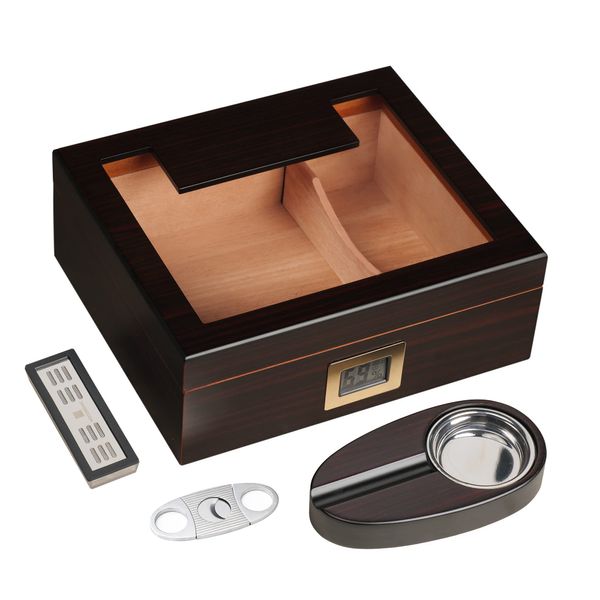 Woodronic Cigar Humidor with Digital Hygrometer for 35 to 50 Counts, Glass Top Spanish Cedar Lined Cigar Box with Cedar Divider Cigar Cutter, Ashtray and Crystal Gel Humidifier, Great Gift for Fathers