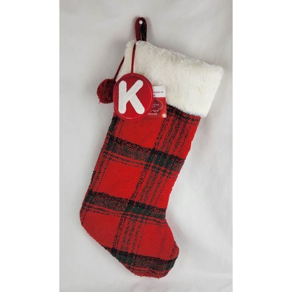 NEW St Nicholas Square Red Black Plaid 21" Christmas Stocking "K" Initial Fabric