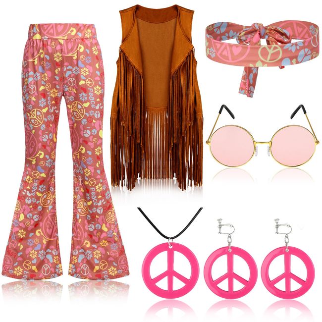 Jenaai 7 Pcs Kids 60s 70s Hippie Outfits for Girls Costume Set Boho Flared Pants Hippie Outfits Accessories Set (Rustic, Small)