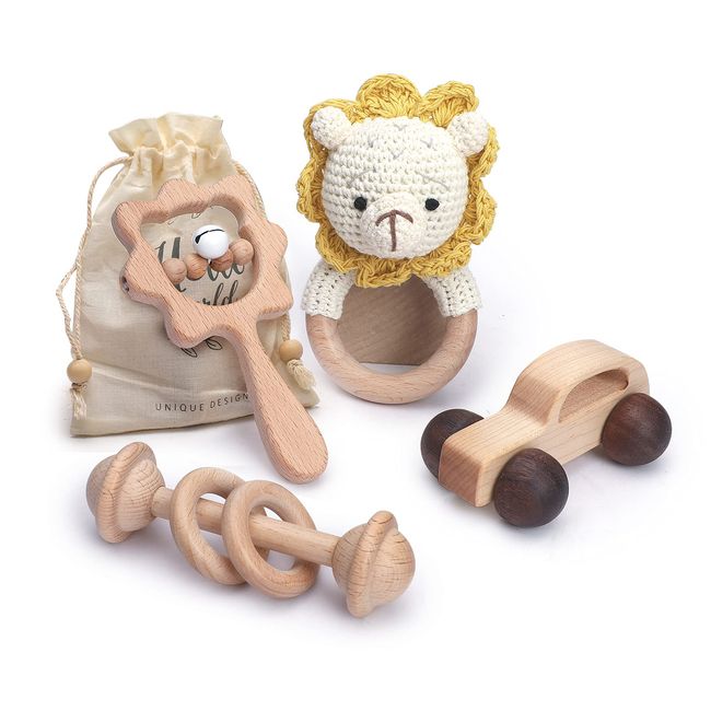 Let's make Rattle, Rattle, Wooden Mini Car, Wooden Toys, Lion, Set of 4, Toy for Baby, Wood, Unpainted, Toddler, Wheelbarrow, Gift, Baby Shower, Educational Toy