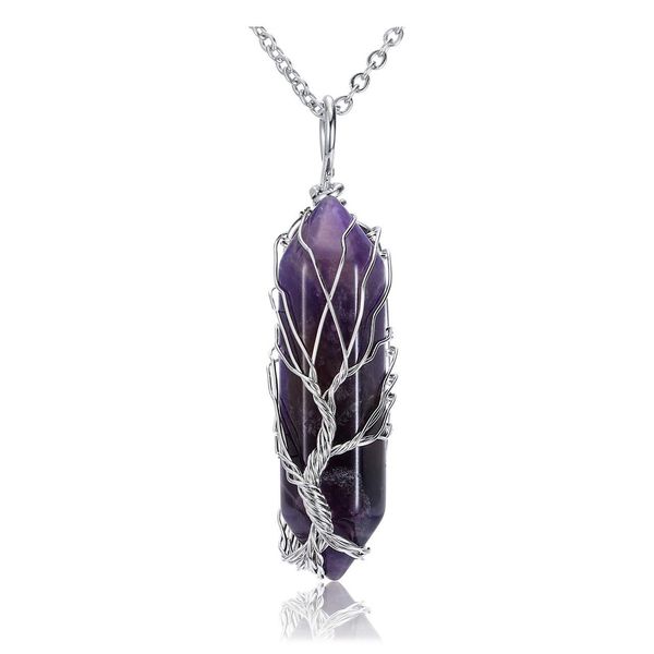 PESOENTH Amethyst Tree Of Life Wire Wrapped Reiki Healing Crystal Pendant Necklace Purple Quartz Gemstone Hexagonal Pointed Energy Stone Pendant Jewelry for Women