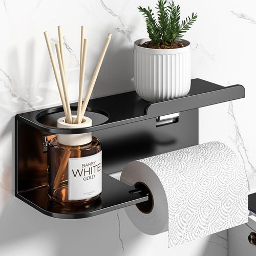 MingaGLX Toilet Paper Holder, Toilet Roll Holder with Shelf, Stainless Steel Bathroom Organizer for Bathroom, Adhesive & Screw Mount, for Bathroom, Washroom, Kitchen, RV (Black)