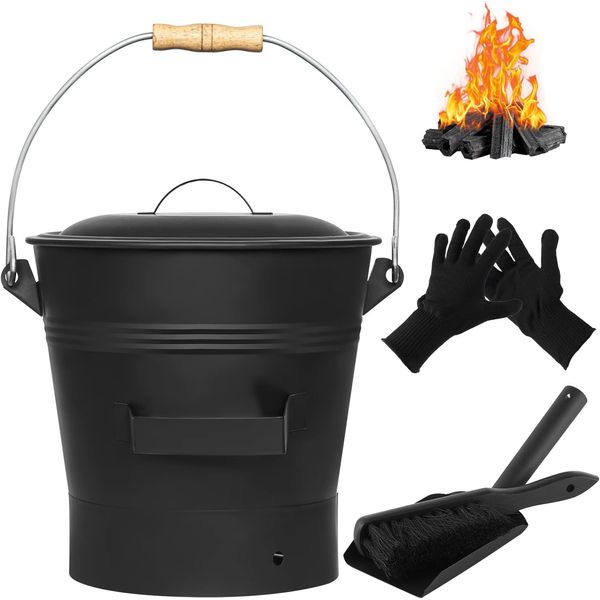 Ash Bucket with Lid, Shovel, Broom & Gloves - 2.6 Gal Metal Fire Pit Cleaner